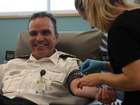 Winnipeg Police Chief Danny Smyth gives blood during the the launch of the Sirens For Life Blood Challenge at the Canadian Blood Services Clinic in Winnipeg on June 27, 2019.
Danton Unger/Winnipeg Sun/Postmedia Network