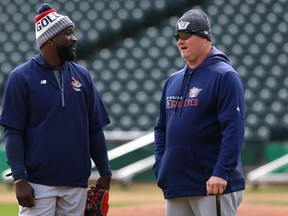 Rick Forney (right) has led 10 winning ballclubs during his first 13 seasons as Goldeyes’ skipper, and understands it can take weeks before a team carves out its identity. (Kevin King/Winnipeg Sun)