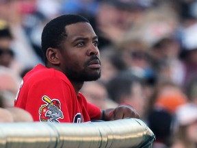 Winnipeg Goldeyes designated hitter James Harris watches from the dugout during American Association baseball action against the Chicago Dogs at Shaw Park in Winnipeg on June 18, 2019. (KEVIN KING/Winnipeg Sun)