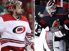 Hurricanes goaltenders Petr Mrazek (left) and Curtis McElhinney (right) may not sign with the team in the offseason. Getty Images