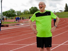 Lou Billinkoff, 96, set a world-record time of 15.67 seconds in the 50-metre dash at the University of Manitoba on Saturday, June 22, 2019. Scott Billeck/Postmedia
