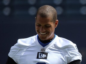 Charles Nelson (right) gets a laugh out of kicker Justin Medlock during Winnipeg Blue Bombers practice at IG Field on Mon., June 24, 2109. Kevin King/Winnipeg Sun/Postmedia Network