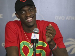 Pascal Siakam speaks to media in Toronto yesterday. (Veronica Henri/Toronto Sun)