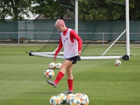Canada's Sophie Schmidt, juggles the ball at a training session at the Stade Jean Boucton in Reims, France on Tuesday, June 18. Canada plays the Netherlands in their final Group E game at the 2019 FIFA Women's World Cup at the Stade Auguste Delaune in Reims on Thursday. Derek Van Diest / Postmedia