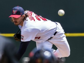 Pitcher Ryan Johnson, who started Game 1 for the Goldeyes on June 9, 2019, allowed six runs and seven hits in four innings. (DAN LeMOAL/Winnipeg Goldeyes)