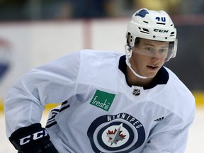 Reid Stefanson is ready to accept a pass during Winnipeg Jets development camp at Bell MTS Iceplex on Wed., June 26, 2019. (KEVIN KING/Winnipeg Sun)