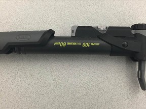 A bicycle pump that was initially thought to be a gun and nearly got a suspect killed earlier this week outside a Winnipeg Liquor Mart. Handout.