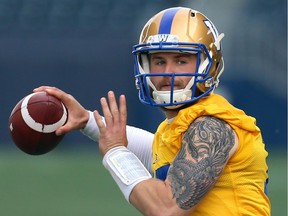 Quarterback Chris Streveler gets ready to unload a pass during Winnipeg Blue Bombers training camp at IG Field.
