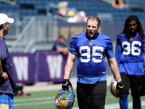 Jake Thomas (95) lets out a holler during Winnipeg Blue Bombers training camp at IG Field on Tues., June 4, 2019. Kevin King/Winnipeg Sun/Postmedia Network