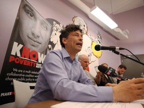Josh Brandon, a Making Poverty History Manitoba steering committee member, speaks during a press conference decrying coming changes to the Rent Assist program in the province, at the West Central Women's Resource Centre on Ellice Avenue in Winnipeg on Wed., June 5, 2019. Kevin King/Winnipeg Sun/Postmedia Network
