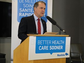 Health Minister Cameron Friesen speaks during an announcement of new addictions treatment beds, expanded hours at Rapid Access to Addictions Medicine clinics and more mental health supports on Monday.