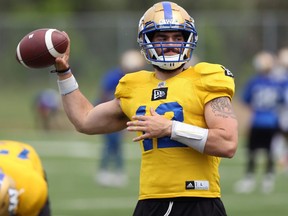 Quarterback Sean McGuire throws during Winnipeg Blue Bombers practice on the University of Manitoba campus on Tues., June 11, 2019. Kevin King/Winnipeg Sun/Postmedia Network