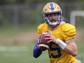 Quarterback Matt Nichols rolls out during Winnipeg Blue Bombers practice on the University of Manitoba campus on Tues., June 11, 2019. Kevin King/Winnipeg Sun/Postmedia Network