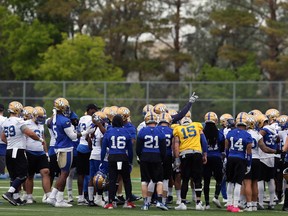 The Winnipeg Blue Bombers huddle as a team during practice on the University of Manitoba campus on Tues., June 11, 2019. Kevin King/Winnipeg Sun/Postmedia Network