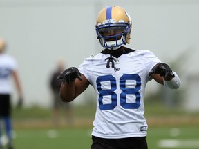 Receiver Rasheed Bailey signals during Winnipeg Blue Bombers practice on the University of Manitoba campus on Tues., June 11, 2019. Kevin King/Winnipeg Sun/Postmedia Network