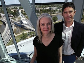 Lynne Stefanchuk (left), Jazz Winnipeg executive director, and Jacques Lavergne, vice-president of visitor experience at the Canadian Museum for Human Rights, pose in the Izzy Asper Tower of Hope at the museum on Wed., June 12, 2019. CMHR will host the kickoff to the 30th JazzFest on Tuesday. Kevin King/Winnipeg Sun/Postmedia Network