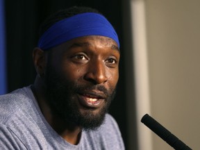 Winnipeg Blue Bombers defensive end Willie Jefferson answers a question during a media availability at IG Field in Winnipeg on Monday. The Bombers have a bye this week after beating B.C. on Saturday.