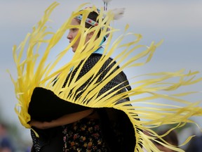 A dancer at an event hosted by Treaty One Development Corporation and Supported by Canada Lands Company, in Winnipeg.  June 21 is National Indigenous Peoples Day. Friday, June 21/2019 Winnipeg Sun/Chris Procaylo/stf