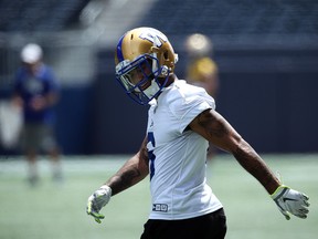 Charles Nelson has a chuckle during Winnipeg Blue Bombers practice at IG Field on Mon., June 24, 2109. Kevin King/Winnipeg Sun/Postmedia Network