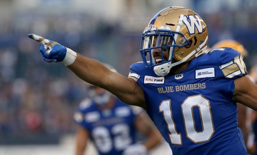 Winnipeg Blue Bombers receiver Nic Demski heads for the stands after his touchdown against the Edmonton Eskimos during CFL action in Winnipeg on Thurs., June 27, 2019. Kevin King/Winnipeg Sun/Postmedia Network