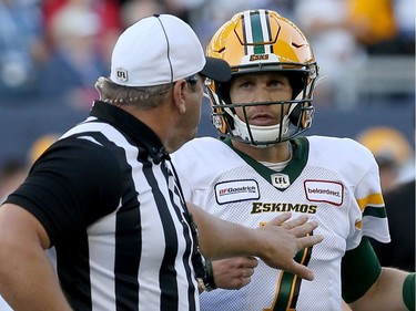 Edmonton Eskimos quarterback Trevor Harris is not going to get an explanation from the referee during CFL action against the Blue Bombers in Winnipeg on Thurs., June 27, 2019. Kevin King/Winnipeg Sun/Postmedia Network