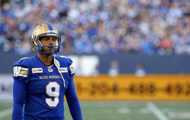 Winnipeg Blue Bombers punter Justin Medlock reacts after a rare shank during CFL action against the Edmonton Eskimos in Winnipeg on Thurs., June 27, 2019. Kevin King/Winnipeg Sun/Postmedia Network