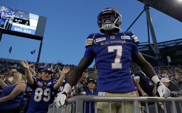 Winnipeg Blue Bombers receiver Lucky Whitehead celebrates in the stands after his second touchdown catch of the game against the Edmonton Eskimos during CFL action in Winnipeg on Thurs., June 27, 2019. Kevin King/Winnipeg Sun/Postmedia Network