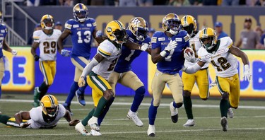 Winnipeg Blue Bombers receiver Lucky Whitehead scores his second touchdown of the game against the Edmonton Eskimos during CFL action in Winnipeg on Thurs., June 27, 2019. Kevin King/Winnipeg Sun/Postmedia Network