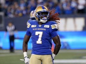Winnipeg Blue Bombers receiver Lucky Whitehead celebrates his second touchdown catch of the game against the Edmonton Eskimos during CFL action in Winnipeg on Thurs., June 27, 2019. Kevin King/Winnipeg Sun/Postmedia Network