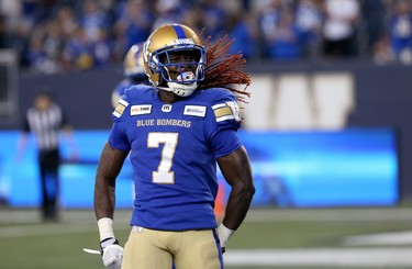 Winnipeg Blue Bombers receiver Lucky Whitehead celebrates his second touchdown catch of the game against the Edmonton Eskimos during CFL action in Winnipeg on Thurs., June 27, 2019. Kevin King/Winnipeg Sun/Postmedia Network