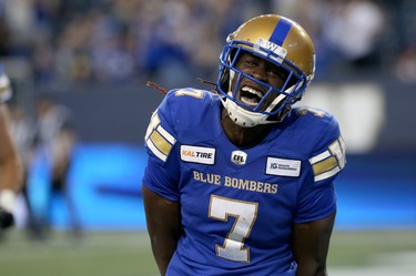 Winnipeg Blue Bombers receiver Lucky Whitehead celebrates his second touchdown catch of the game against the Edmonton Eskimos during CFL action in Winnipeg on Thurs., June 27, 2019. Kevin King/Winnipeg Sun/Postmedia Network