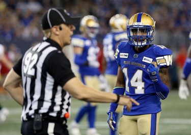 Winnipeg Blue Bombers defensive back Marcus Sayles wonders why he received a penalty during CFL action against the Edmonton Eskimos in Winnipeg on Thurs., June 27, 2019. Kevin King/Winnipeg Sun/Postmedia Network