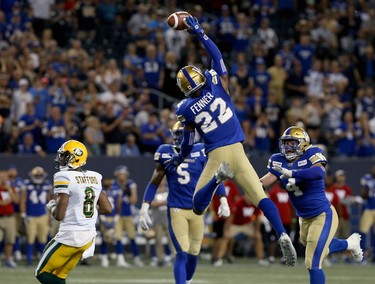 Winnipeg Blue Bombers defensive back Chandler Fenner (22) goes up to knock down the final play of the game for the Edmonton Eskimos during CFL action in Winnipeg on Thurs., June 27, 2019. Kevin King/Winnipeg Sun/Postmedia Network