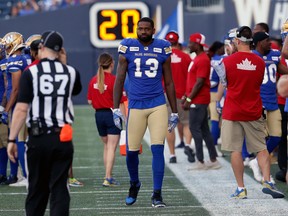 Winnipeg Blue Bombers receiver Chris Matthews walks the sideline prior to CFL action against the Edmonton Eskimos in Winnipeg on Thurs., June 27, 2019. Kevin King/Winnipeg Sun/Postmedia Network