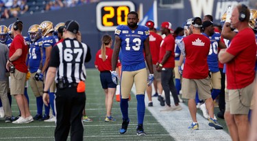 Winnipeg Blue Bombers receiver Chris Matthews walks the sideline prior to CFL action against the Edmonton Eskimos in Winnipeg on Thurs., June 27, 2019. Kevin King/Winnipeg Sun/Postmedia Network