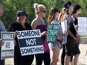 A small group of animal rights activists protests the Assiniboine Park Zoo Stingray Beach exhibit in Winnipeg after three of the aquatic animals died in their enclosure. The protest took place at the Zoo last Sunday. A similar protest was held Saturday.