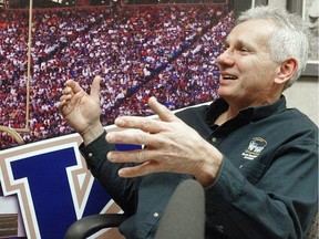 Former Bombers punter Bob Cameron gestures during a press conference after he was named as an inductee into the Canadian Football Hall of Fame in 2010.