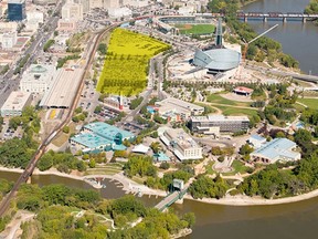 An overhead shot of The Forks, with Parcel 4 highlighted in yellow. Officials at The Forks are expected to announce development plans for the piece of property in June 2014. (THEFORKS.COM)