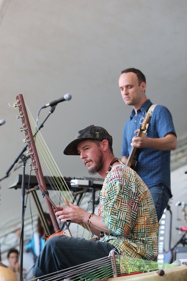 Justin Perkins of the band Toubab Krewe plays the kamelngoni during the MALlable Syncopations workshop at the Snowberry Stage at Birds Hill Provincial Park, north east of Winnipeg, Man., on Saturday, July 13, 2019. The Winnipeg resident is volunteering at the 46th annual Winnipeg Folk Festival. This year's Folk Festival runs July 11 to 14, 2019. (Brook Jones/Selkirk Journal/Postmedia Network)