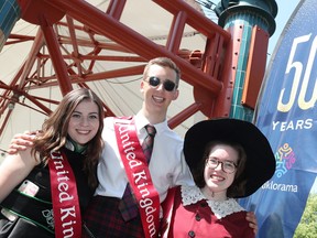 United Kingdom Pavilion ambassadors Selina Capizzi, Lilja Best and MacKinley Hall are all smiles while they attend Folklorama's 50th anniversary kickoff celebration at The Forks National Historic Site in Winnipeg, Man., on Thursday, July 25, 2019. (Brook Jones/Selkirk Journal/Postmedia Network)