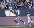 Bombers’ Darvin Adams hauls in the pass for the touchdown against the Toronto Argonauts last night. The Canadian Press)