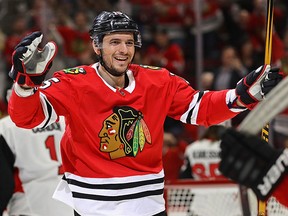 Artem Anisimov of the Chicago Blackhawks celebrates a goal against the Ottawa Senators at the United Center on February 21, 2018 in Chicago. (Jonathan Daniel/Getty Images)