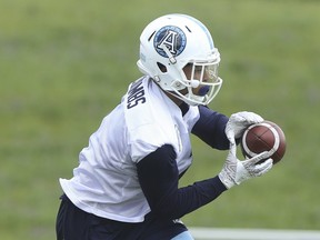 Toronto Argonauts Anthony Coombs RB (1) makes a catch at practice held at York University in Toronto, Ont. on Monday June 19, 2017. Jack Boland/Toronto Sun/Postmedia Network
