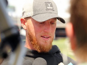 Stampeders quarterback Bo Levi Mitchell speaks to reporters following an injury to his pectoral area that occurred during a victory over the Lions on June 29, 2019.