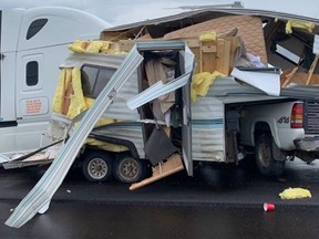 A photo used by the Saskatchewan Heavy Construction Association showing a semi-truck crashed into a camper in a work zone near Maple Creek this summer. Facebook photo