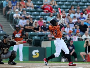 Winnipeg Goldeyes’ Carlos Garcia (right) drove in an RBI single to add to the 3-1 victory over the Fargo-Moorhead RedHawks Sunday.