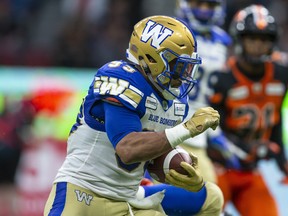 Blue Bombers running back Andrew Harris will be looking to bounce back from a poor performance against Edmonton when Winnipeg travels to Ottawa to face the Redblacks on Friday. (Ben Nelms/The Canadian Press)