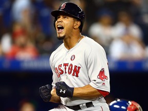 Marco Hernandez of the Boston Red Sox celebrates hitting a solo home run in the ninth inning during a MLB game against the Toronto Blue Jays at Rogers Centre on July 4, 2019 in Toronto.