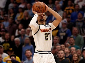 Nuggets' Jamal Murray puts up a shot against the Trail Blazers during NBA playoff action in Denver on April 28, 2019.