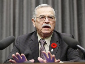 Cliff Graydon, Manitoba MLA for Emerson who was kicked out of the Manitoba PC government's caucus for inappropriate comments to staff, speaks at a press conference in Winnipeg, Manitoba Thursday, November 8, 2018. A Manitoba politician who was kicked out of the governing Progressive Conservative caucus says he is running for re-election as an Independent and denies allegations he groped a fellow party member.